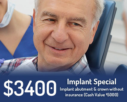 Senior dental patient with text that says 3300 dollar dental implant special implant abutment and crown without insurance cash value 5000 dollars