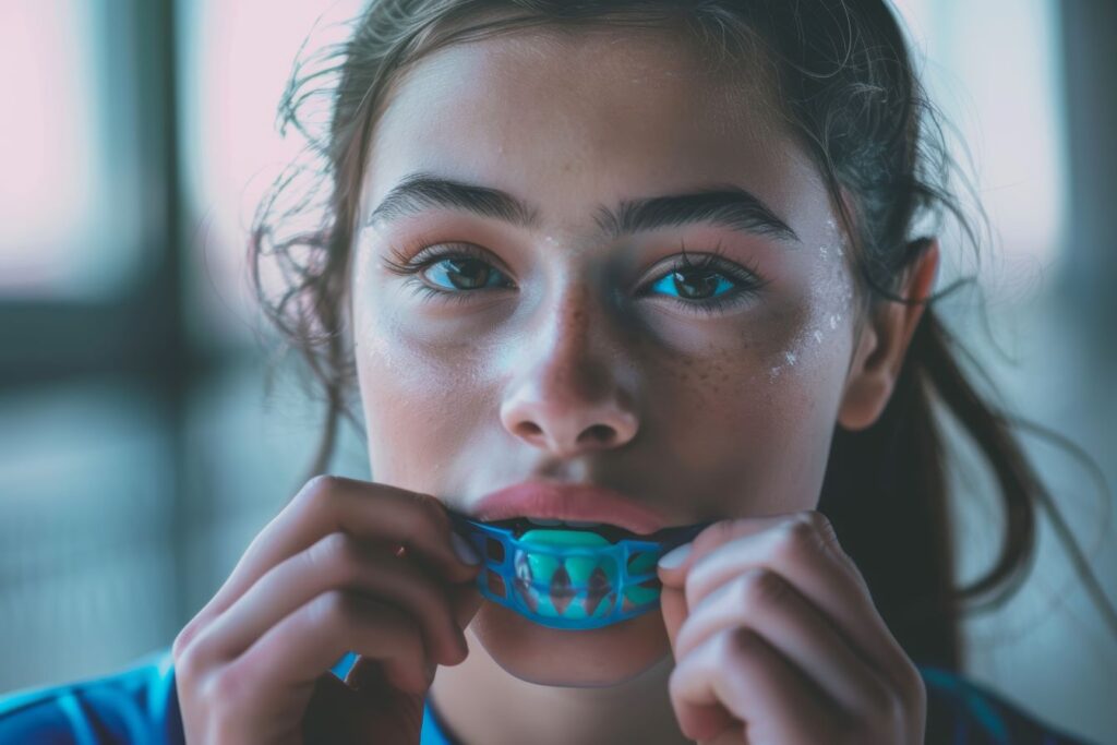 Girl wearing a sports mouthguard